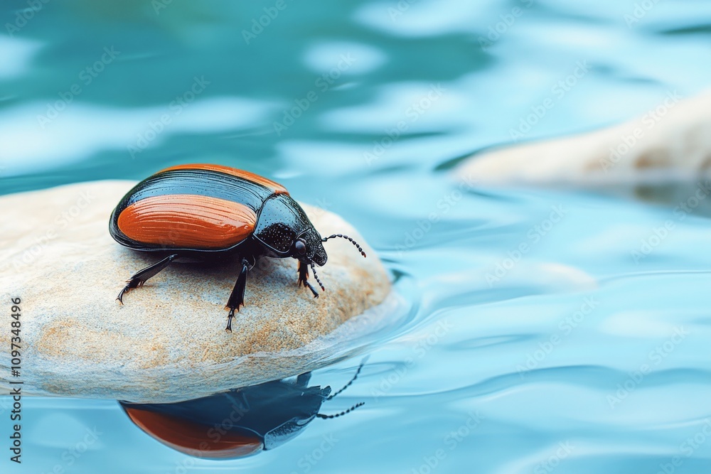 Poster black and orange beetle resting on a shell near the edge of water with detailed reflections and soft