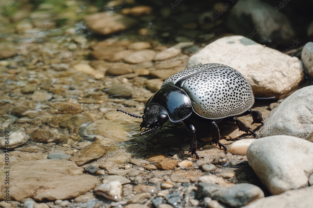 Poster silver ground beetle crawling over wet pebbles with metallic reflections and detailed patterns captu