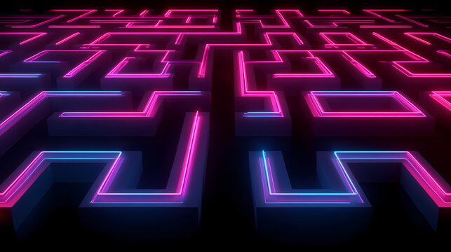A neon labyrinth abstract maze of vibrant d lines and glowing edges. tech d render - high contrast. Neon Circuit Maze. Illustration