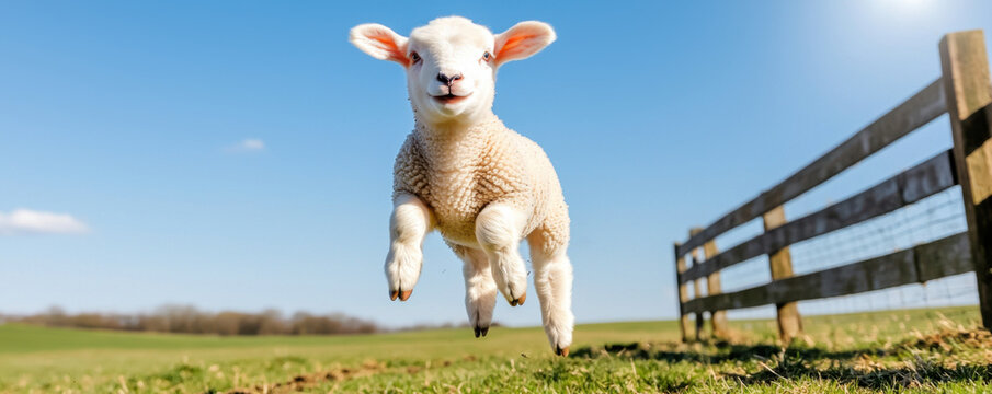 Happy lamb jumping in sunny field near wooden fence