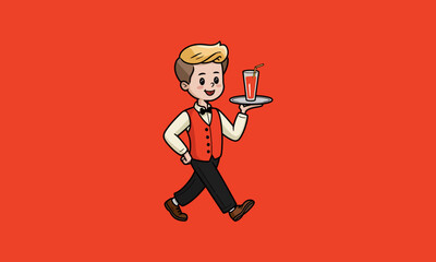 Cheerful waiter carrying a tray with a drink in motion.