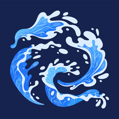 Blue water splashes. Clean aqua drops, transparent water splash, water flows and streams flat vector illustration. Liquid water splashes