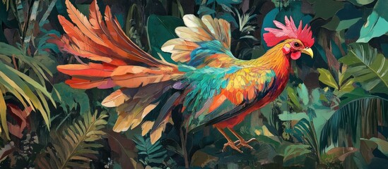 Obraz premium A red junglefowl in vibrant hues of red, orange, and green foraging in a tropical forest 