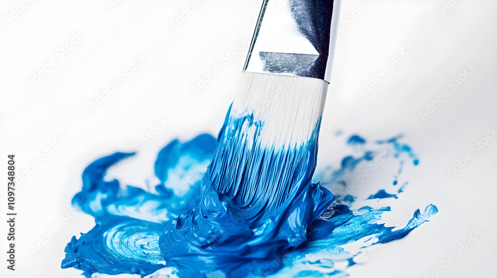 Poster the tip of a brush emerging from a small pool of vibrant blue paint, showing the transition from whi