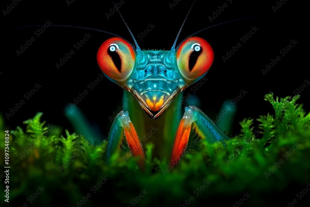 Poster striking red eyed mantis captured in vivid macro detail showcasing its intricate exoskeleton texture