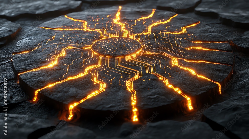 Poster a glowing circuit pattern embedded in a dark, rocky surface, resembling a sun motif.