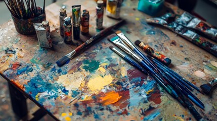Artist's palette with paint tubes and brushes.