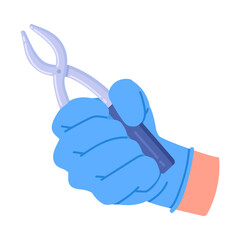 Doctor hand holding medical pliers. Medical worker hold professional tool, medical cutters in nurse hand flat vector illustration. Cartoon medical equipment in doctors hand