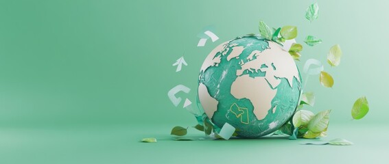 A globe surrounded by leaves and recycling symbols, emphasizing environmental awareness.
