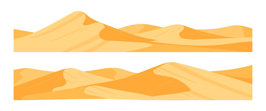 Desert landscapes. Sandy wilderness view, sands dunes landscape flat vector background illustration. Cartoon sand desert view