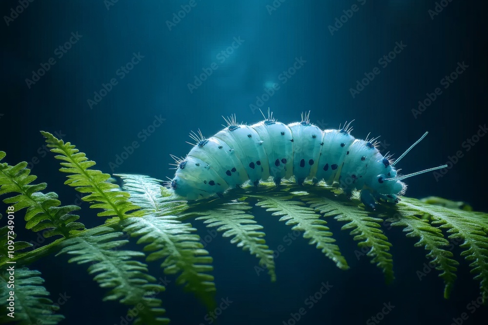 Poster white spiky caterpillar resting on a green fern captured in sharp macro detail with soft lighting an