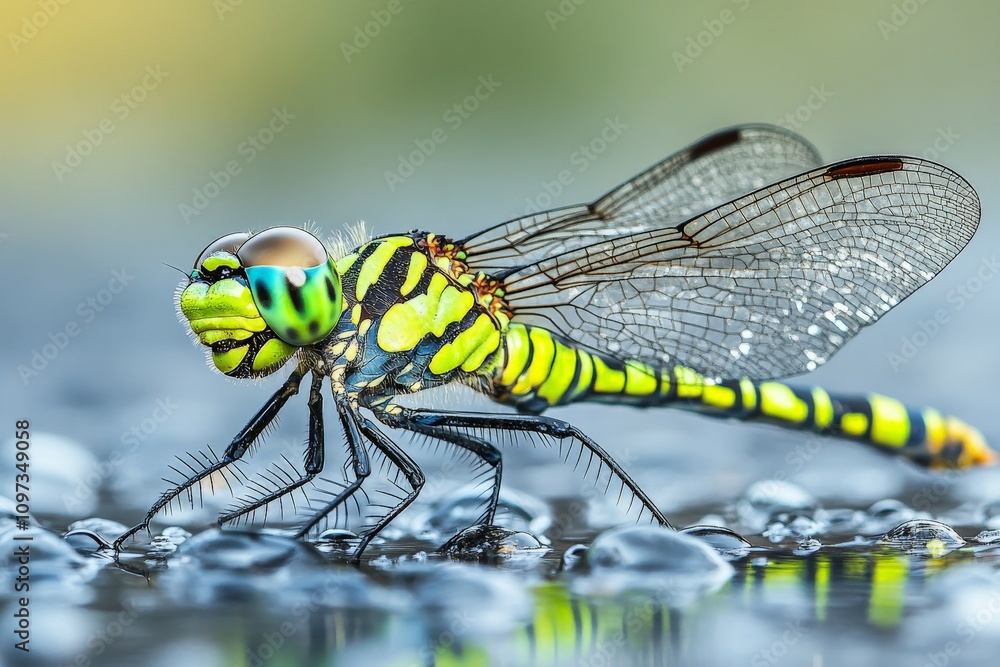 Poster bright green dragonfly with intricate body patterns perched on a reflective water surface highlighte