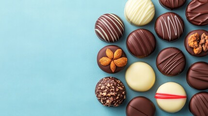 Assortment of Gourmet Chocolates: An array of delectable artisan chocolates, in dark, milk, and white chocolate varieties, adorned with nuts and decorative swirls.