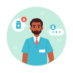 Doctor portrait. Medical clinic worker avatar, physician or surgeon consultation, medical hospital worker flat vector illustration. Male medical doctor business card