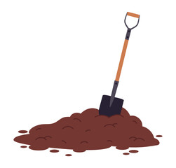 Garden shovel and pile of soil. Agricultural gardening equipment, brown dirt heap with shovel flat vector illustration. Husbandry tool in soil heap © GreenSkyStudio