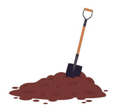 Garden shovel and pile of soil. Agricultural gardening equipment, brown dirt heap with shovel flat vector illustration. Husbandry tool in soil heap