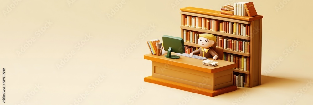 Poster a playful scene of a desk with a character, books, and a computer in a library setting.