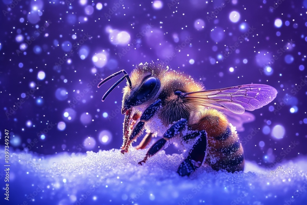 Aufkleber honeybee covered in frost perched on a snowy branch with glowing purple hues captured in sharp macro