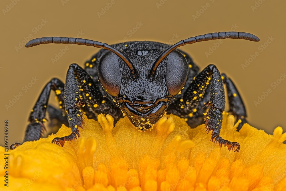Poster black wasp with yellow accents resting on a vibrant yellow flower captured in sharp macro detail wit