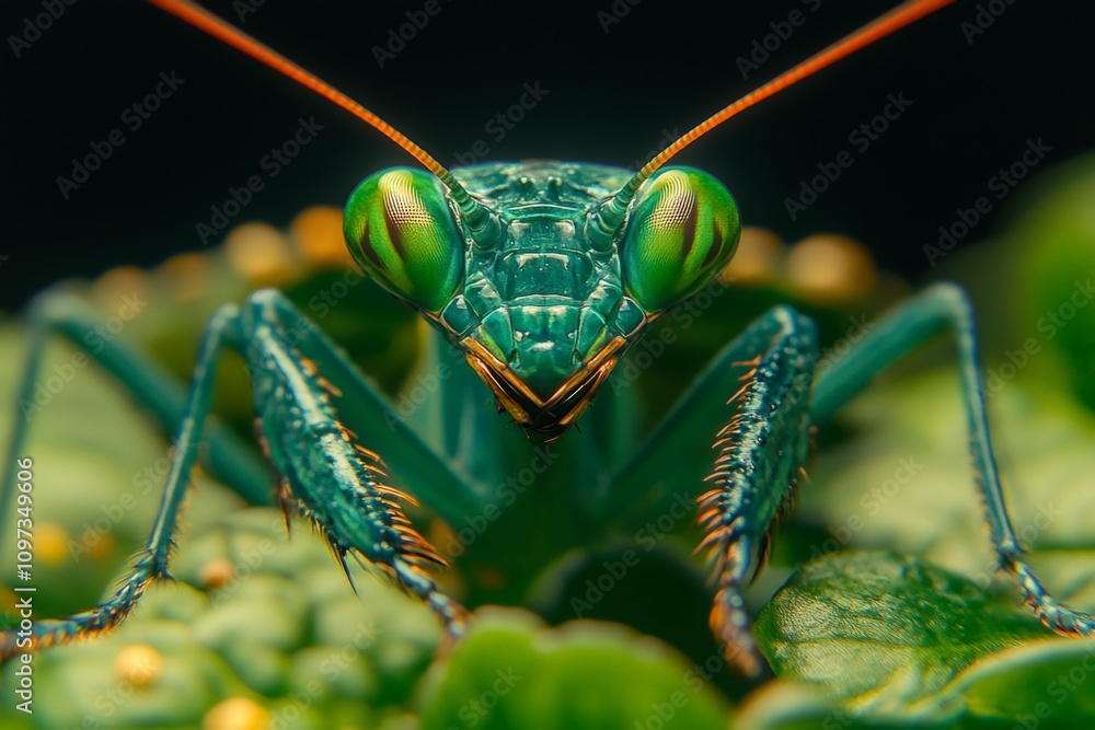 Poster bright green praying mantis in a forested habitat positioned on mossy textures emphasizing its sharp