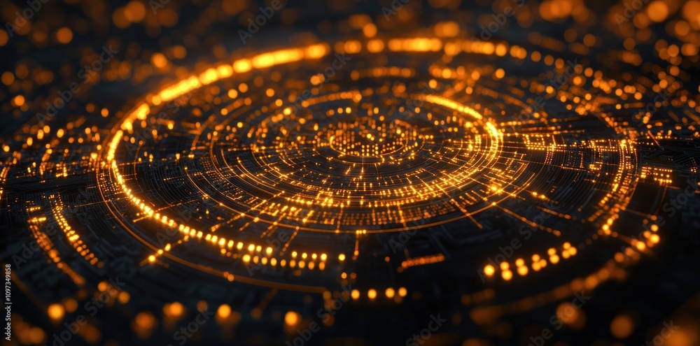 Poster abstract digital visualization with glowing circular patterns and data points.