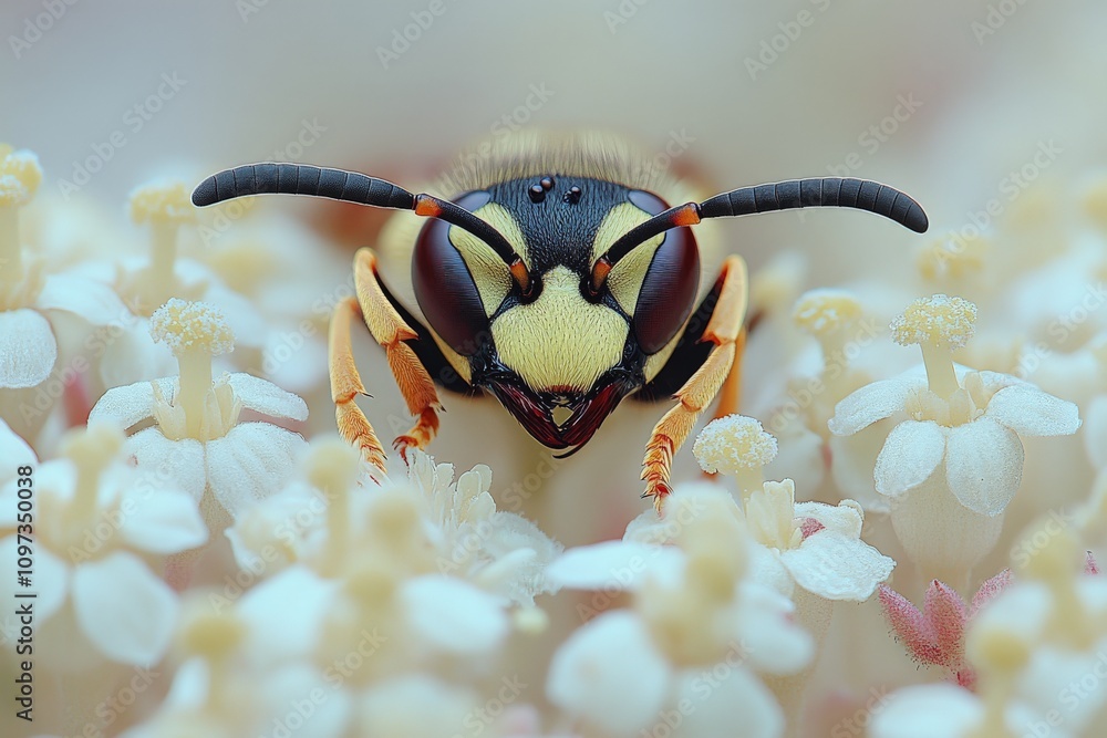 Poster macro of a wasp head with bold yellow and black patterns resting on white granules emphasizing intri