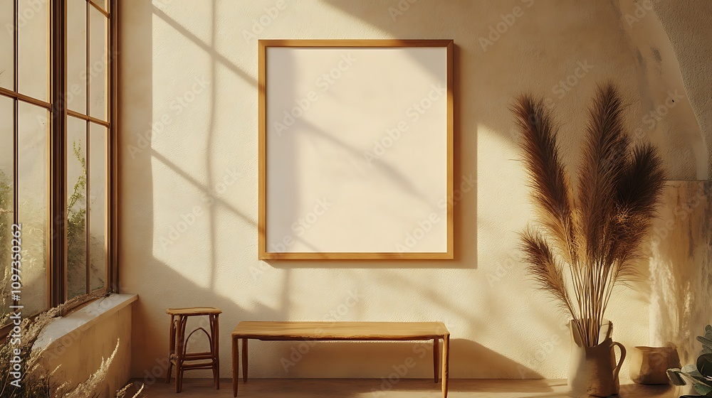 Poster blank frame mockup in minimalist room setting
