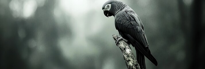 A dark-toned parrot perched on a branch in a misty environment.
