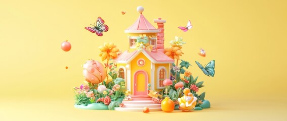 Fototapeta premium A whimsical, colorful house surrounded by flowers and butterflies on a bright yellow background.