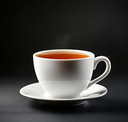 Obraz premium cup of tea in a white ceramic mug with a saucer, against a black background