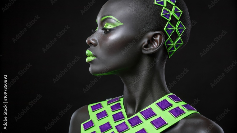 Poster A headon image featuring neon green squares and deep violet diamonds arranged symmetrically on the models with a stark black background accentuating the bright colors.
