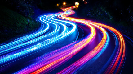 A dramatic long-exposure shot of car headlights and taillights creating light trails on a busy city...