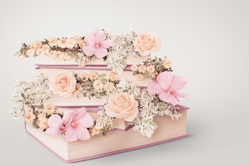 Romantic Vintage Books Decorated with Pink Hibiscus Flowers, Peach Roses, and Delicate Carnations on Light Background for Wedding, Education, or Literary Concept