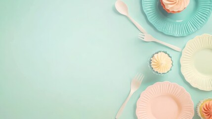 Obraz premium A pastel-themed arrangement of plates, forks, and cupcakes on a soft background.