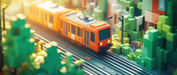 A vibrant, pixelated train travels through a lush, green landscape on a railway track.