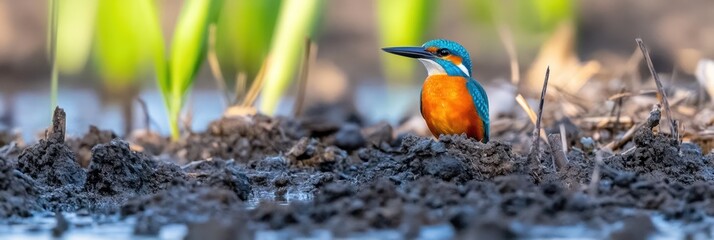 A vibrant kingfisher perched in muddy terrain, showcasing its colorful plumage.