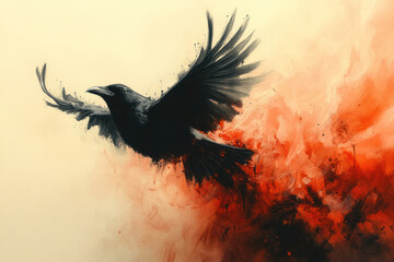 a black raven flying against an abstract art background done in shades of red and cream.  