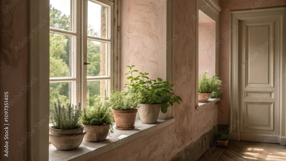 Poster soft muted tones dominate the walls complemented by meticulously arranged herbs in small pots on the