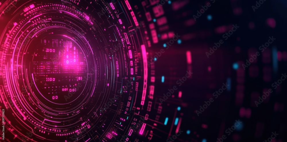 Poster abstract digital design featuring vibrant pink and blue circular patterns and data elements.