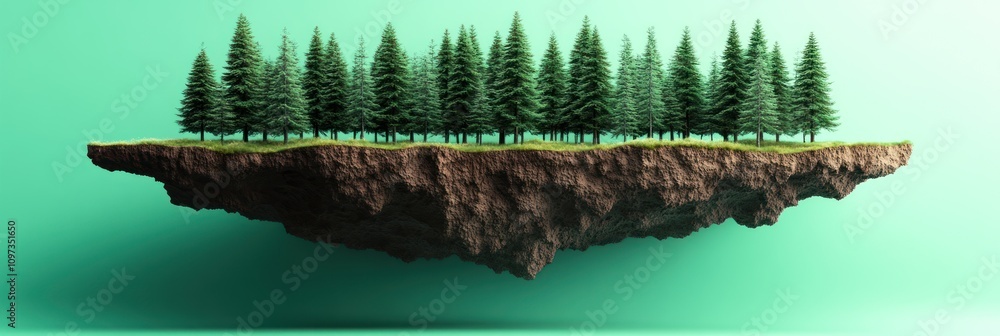 Poster a floating island with lush pine trees against a gradient background.
