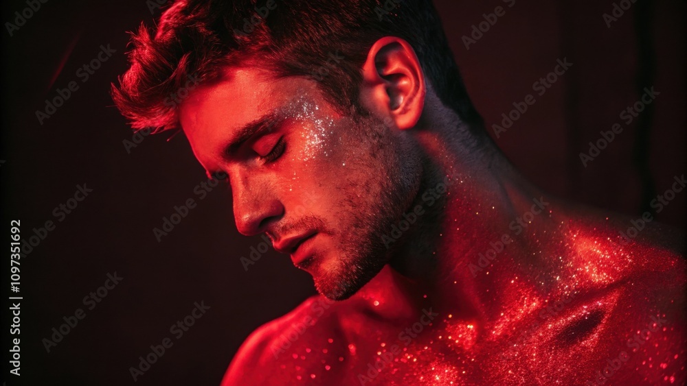 Poster a moody portrait of a man illuminated by harsh neon red light. the glitter on his skin catches the l