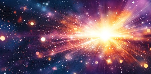Fototapeta premium A vibrant cosmic explosion with stars and light rays in a colorful space backdrop.