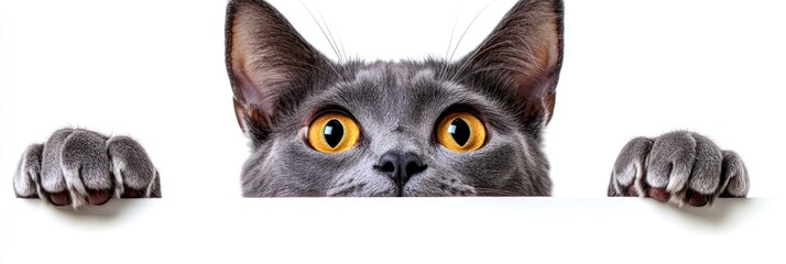 Fototapeta premium A curious gray cat with striking orange eyes peeks over a white surface.