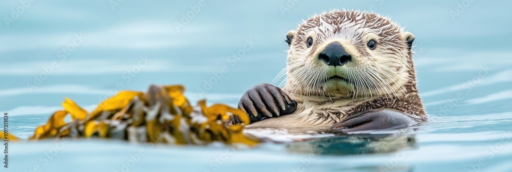 Aufkleber a playful sea otter floating with kelp in a serene ocean setting.