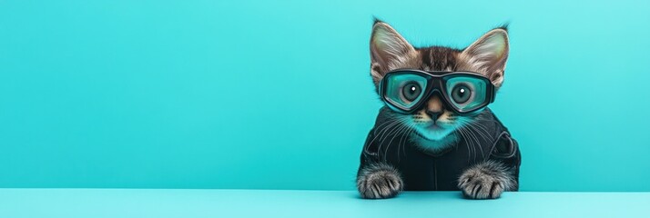 A playful kitten wearing glasses against a bright turquoise background.