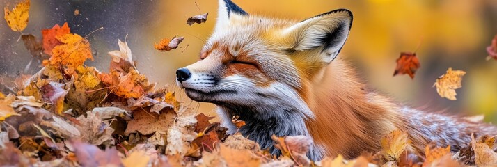 A serene fox enjoying a moment among colorful autumn leaves.