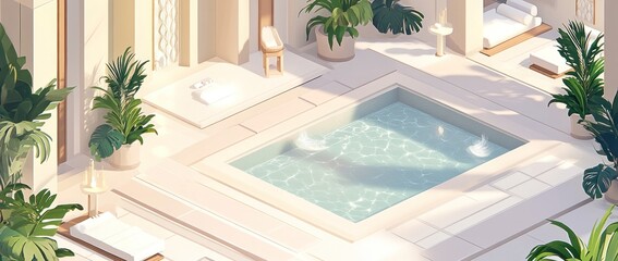 A serene spa environment featuring a tranquil pool surrounded by lush plants and relaxation areas.