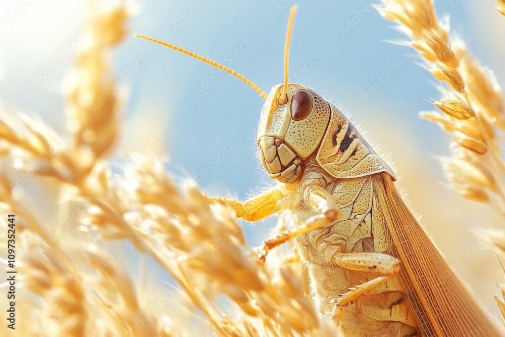 Poster close up of a grasshopper perched on golden wheat stalks under soft natural sunlight with intricate 
