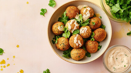 A bowl filled with falafel balls some on the side surrounded by clear dressing and cut up curly green buds