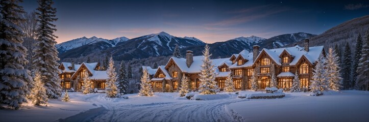 A beautiful mansion in the luxurious mountains of Aspen, Colorado, with a snowy view and a Christmas vibe